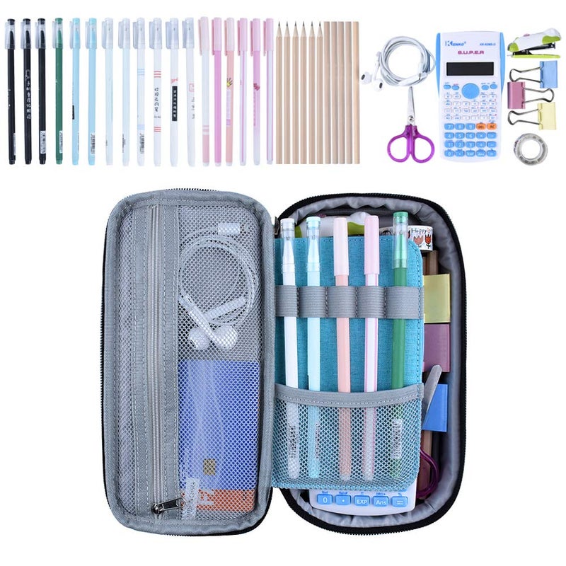 Chelory Big Pencil Case Large Capacity Pencil Bag Pouch Portable Pen Pencil Marker Cases Holder Multi Functional High Storage Office Stationery Organizer Supplies Men Women, Light Blue - Image 2
